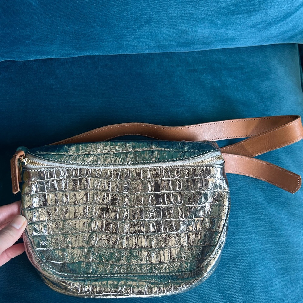 Silver Crocodile-Embossed Fanny pack with brown leather belt
